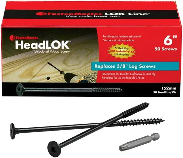 Box of Go Build 6 in. FlatLOK Structural Deck Screws (50/Pack) by The Fastest Way To Build. Two screws and a drill bit are displayed in front, with packaging emphasizing lag screw strength and corrosion resistance.